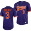 Dylan Brewer Jersey Clemson Tigers College Baseball Purple Full-Button #3