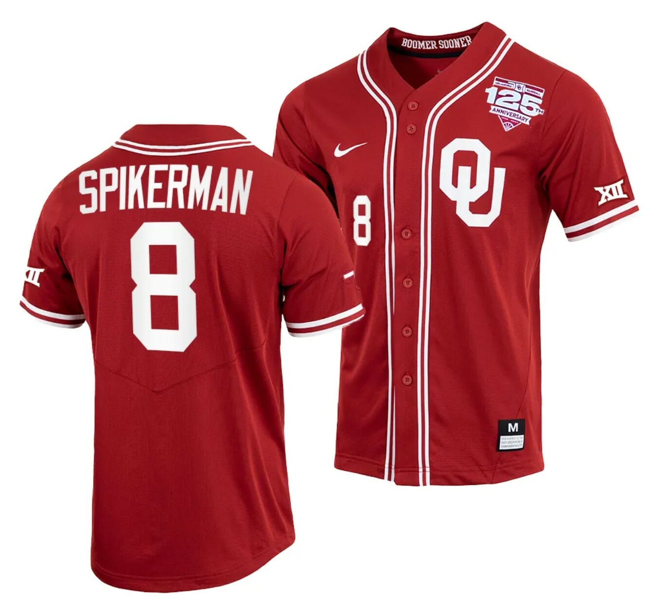 John Spikerman Jersey Oklahoma Sooners Baseball NCAA College Crimson 125th Season Full-Button #8