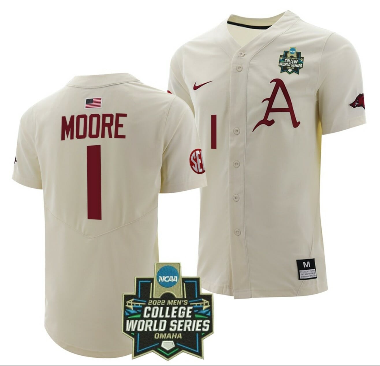 Robert Moore Jersey Arkansas Razorbacks Baseball NCAA 2022 College World Series White #1