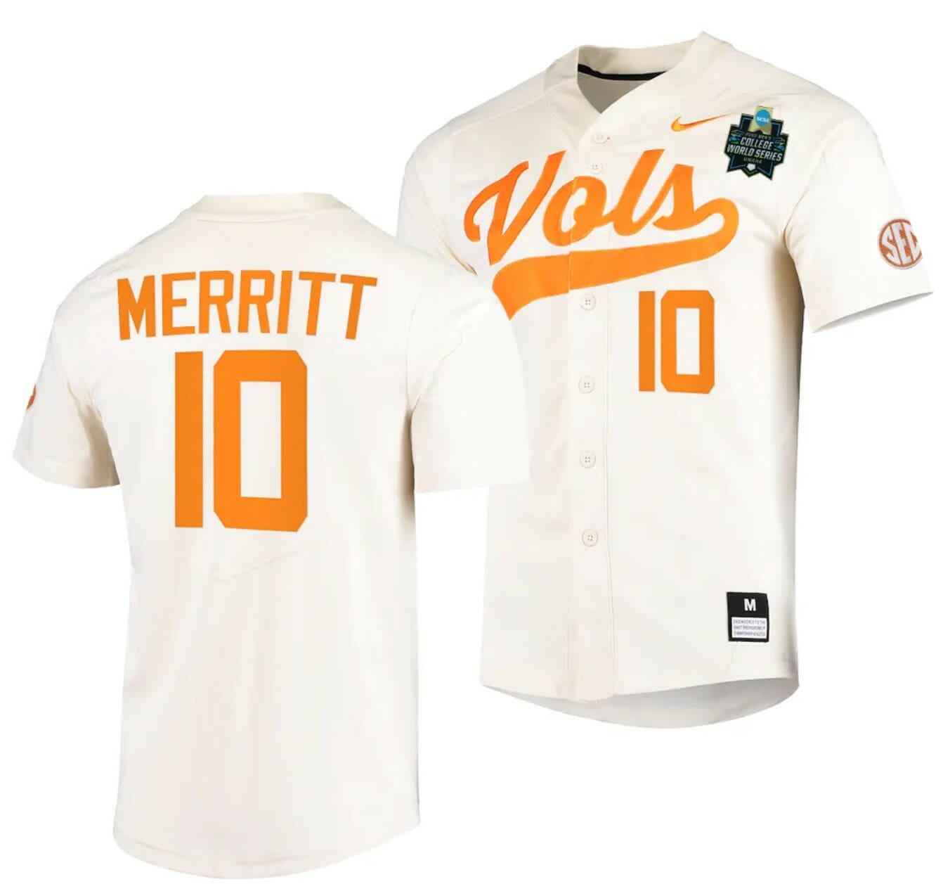 Griffin Merritt Jersey Tennessee Volunteers #10 Natural 2023 NCAA Baseball College World Series