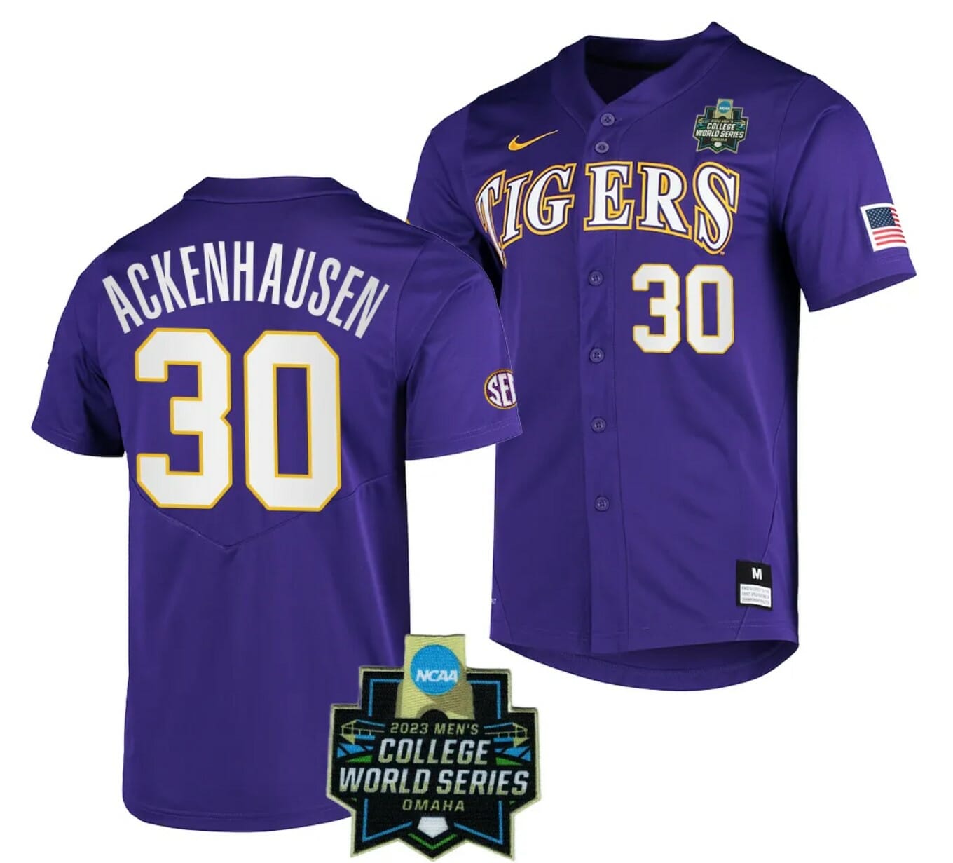 LSU Tigers Baseball Nate Ackenhausen Jersey NCAA 2023 College World Series Purple #30