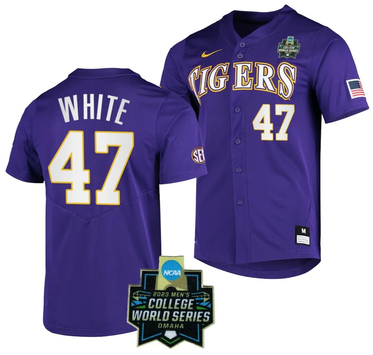 LSU Tigers Baseball Tommy White Jersey NCAA 2023 College World Series Purple #47