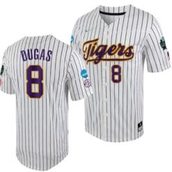 LSU Tigers Gavin Dugas Jersey 2023 College World Series White Purple #8 NCAA Baseball