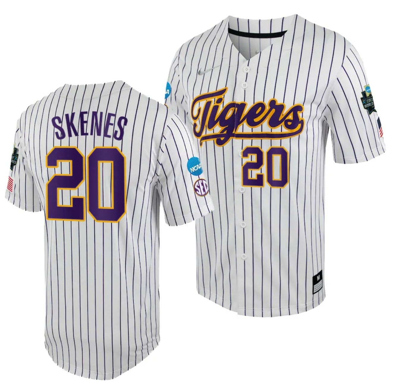 LSU Tigers Paul Skenes Jersey 2023 College World Series White Purple #20 NCAA Baseball
