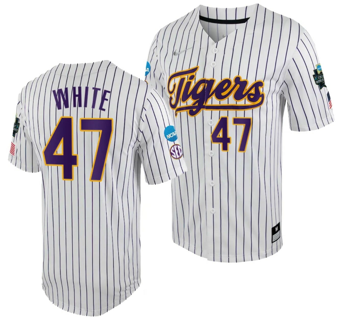 LSU Tigers Tommy White Jersey 2023 College World Series White Purple #47 NCAA Baseball