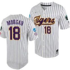LSU Tigers Tre Morgan Jersey 2023 College World Series White Purple #18 NCAA Baseball