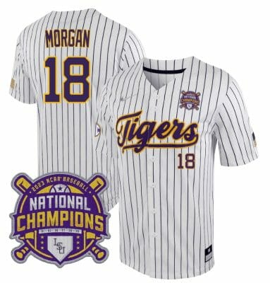 Lsu Tigers Tre Morgan Jersey #18 National Champions NCAA College Baseball Stitched White Stripe