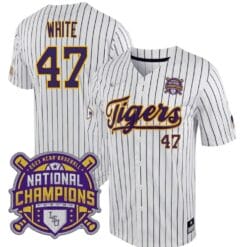 Lsu Tigers Tommy White Jersey #47 National Champions NCAA College Baseball Stitched White Stripes