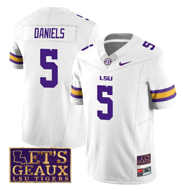Lsu Tigers Jayden Daniels Jersey #5 College Football Let's Geaux Patch Stitched White