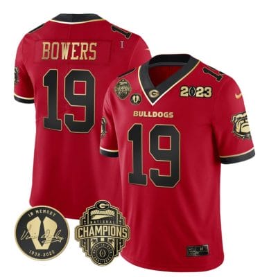 Brock Bowers Jersey #19 Georgia Bulldogs Football 2023 Champions and Vince Dooley Patch Black Red All Stitched