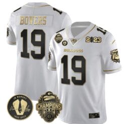 Brock Bowers Jersey #19 Georgia Bulldogs Football 2023 Champions and Vince Dooley Patch White Gold All Stitched