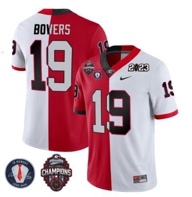 Brock Bowers Jersey #19 Georgia Bulldogs Football 2023 Champions and Vince Dooley Patch Split Red White All Stitched
