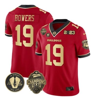 Brock Bowers Jersey #19 Georgia Bulldogs Football 2023 Champions and Vince Dooley Patch Red Gold All Stitched