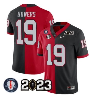 Brock Bowers Jersey #19 Georgia Bulldogs Football 2023 and Vince Dooley Patch Split Red Black All Stitched