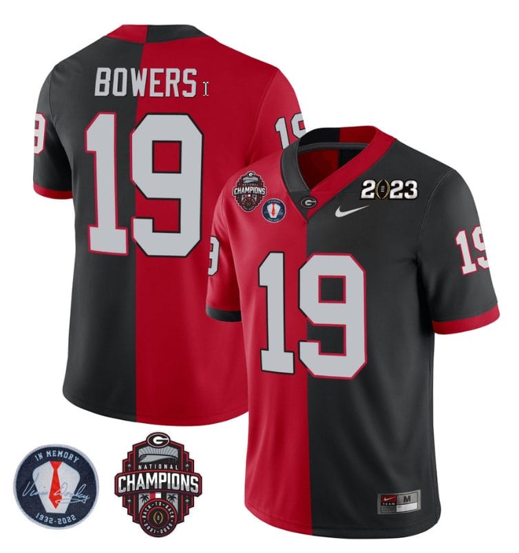 Brock Bowers Jersey #19 Georgia Bulldogs Football 2023 Champions and Vince Dooley Patch Split Red Black All Stitched