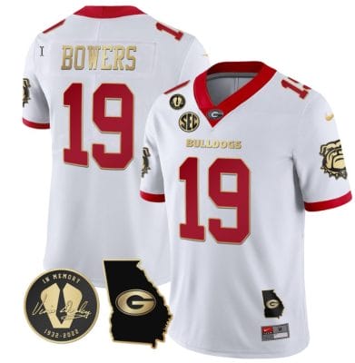 Brock Bowers Jersey #19 Georgia Bulldogs Football Vince Dooley Patch Georgia Map White Gold Trim All Stitched