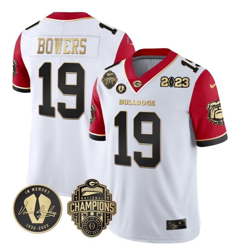Brock Bowers Jersey #19 Georgia Bulldogs Football 2023 Champions and Vince Dooley Patch Red Sleeves All Stitched
