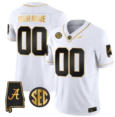 Custom Alabama Crimson Jersey Name and Number Gold Vapor Limited Alabama Map White Gold All Stitched