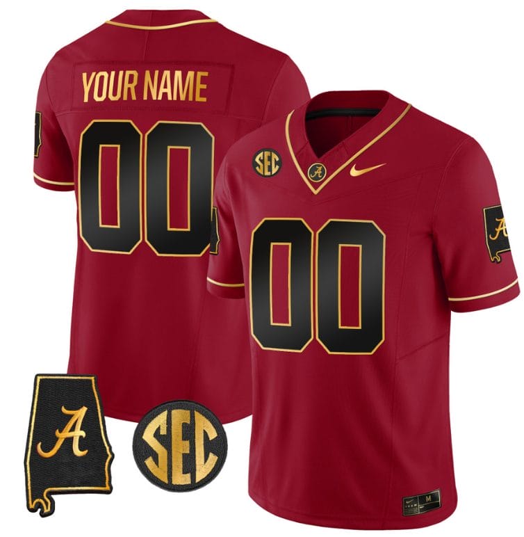 Custom Alabama Crimson Jersey Name and Number Gold Vapor Limited Alabama Map Black Red All Stitched