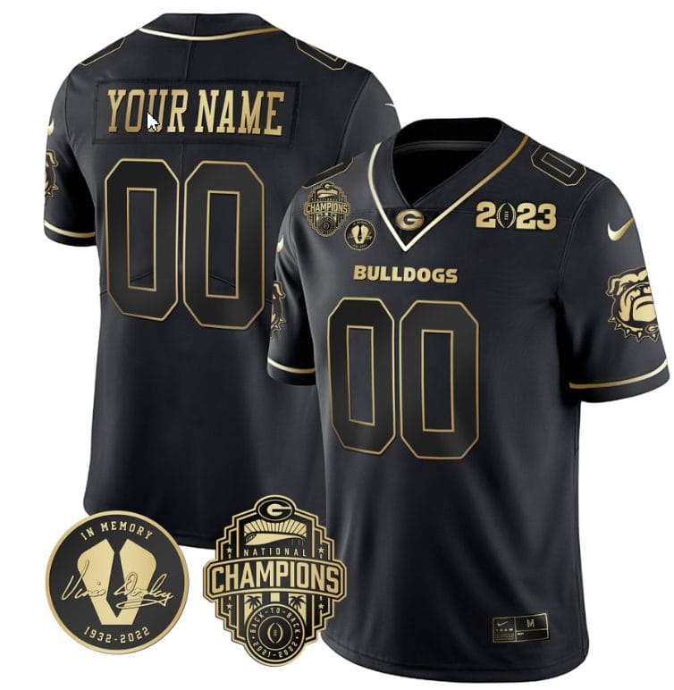 Custom Georgia Bulldogs Jersey Name and Number Football 2023 Back To Back Champions Vince Dooley Patch Black Gold All Stitched