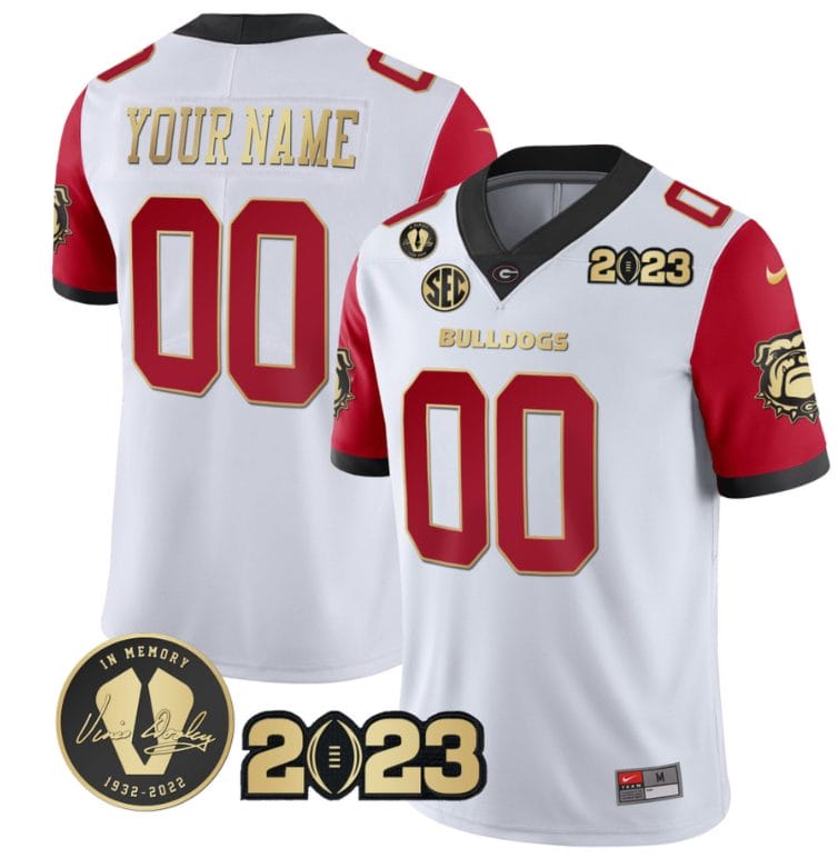 Custom Georgia Bulldogs Jersey Name and Number Football 2023 Vince Dooley Patch Gold Color White All Stitched