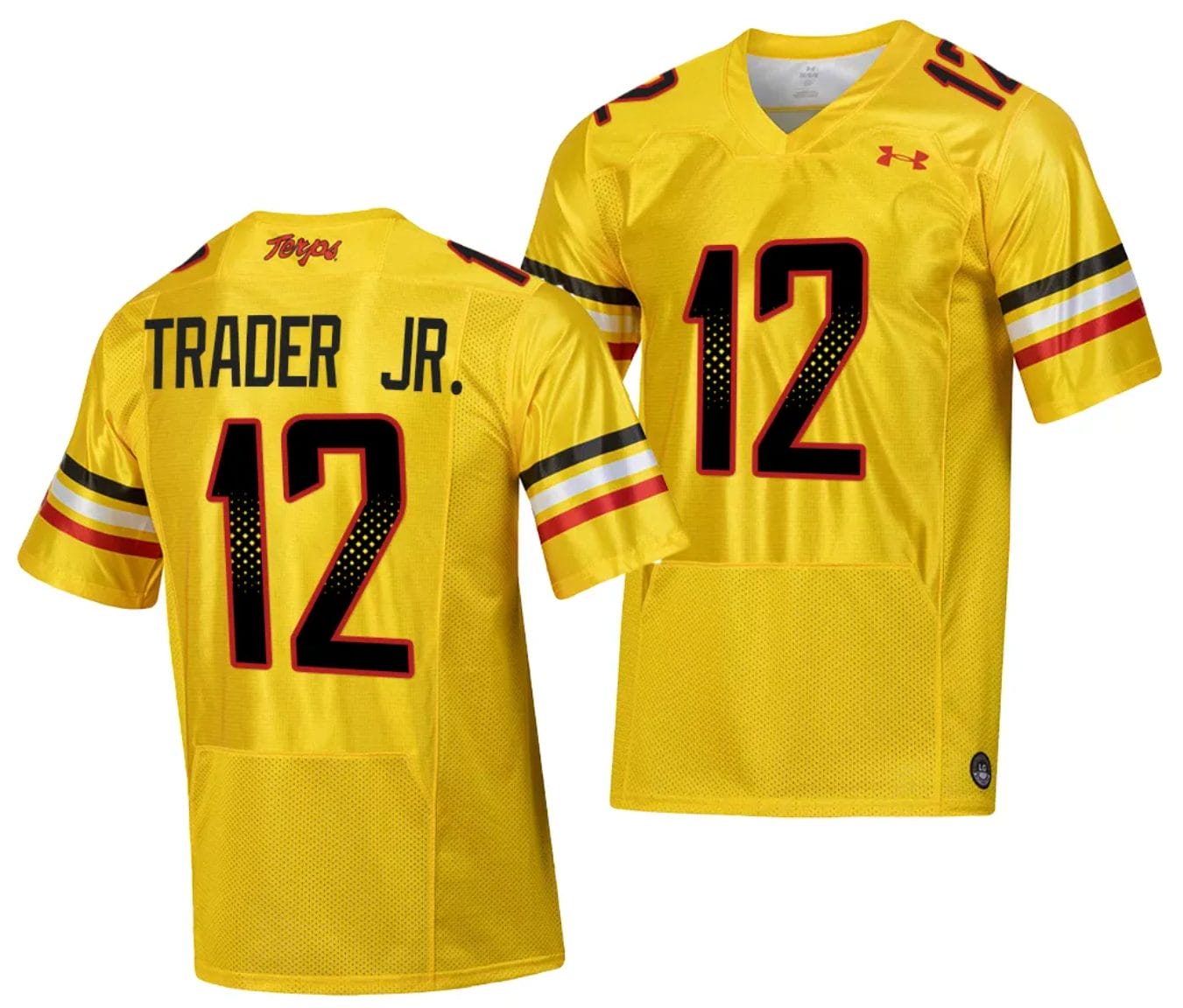 Maryland Terrapins Dante Trader Jr Jersey #12 College Football Gold 2023 Script Uniform