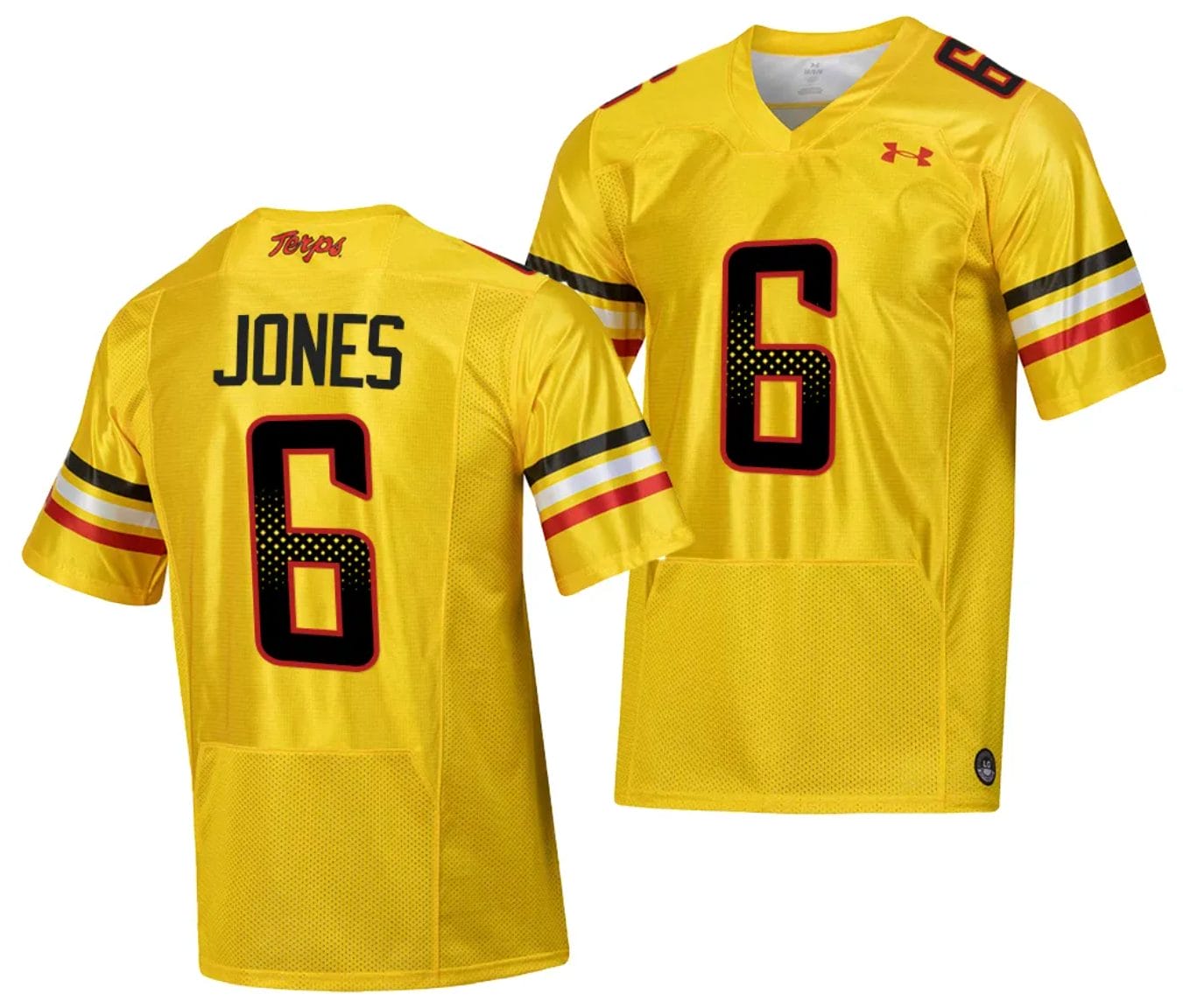 Maryland Terrapins Jeshaun Jones Jersey #6 College Football Gold 2023 Script Uniform