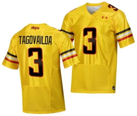 Maryland Terrapins Taulia Tagovailoa Jersey #3 College Football Gold 2023 Script Uniform