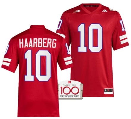 Nebraska Cornhuskers Heinrich Haarberg Jersey 100th Anniversary Red 2023 Alternate Football #10