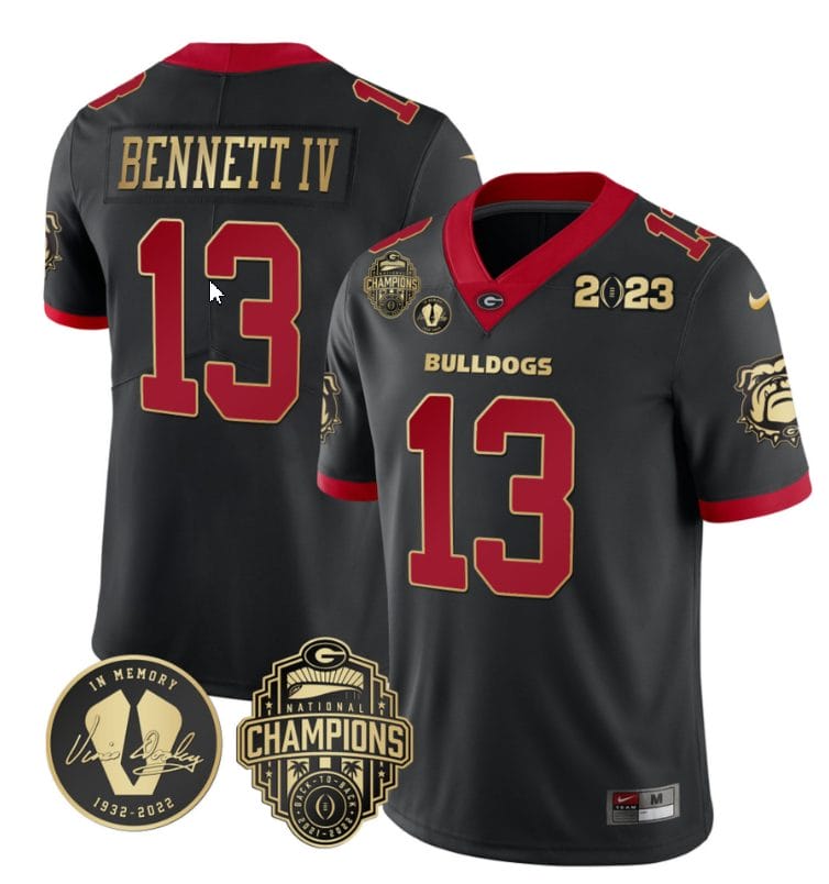 Stetson Bennett Jersey #13 Georgia Bulldogs Football 2023 Champions and Vince Dooley Patch Gold Trim All Stitched