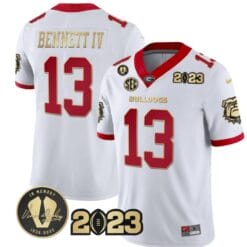 Stetson Bennett Jersey #13 Georgia Bulldogs Football 2023 and Vince Dooley Patch White Gold Trim All Stitched