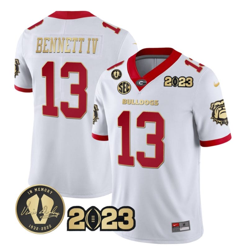 Stetson Bennett Jersey #13 Georgia Bulldogs Football 2023 and Vince Dooley Patch White Gold Trim All Stitched