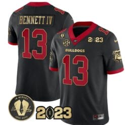 Stetson Bennett Jersey #13 Georgia Bulldogs Football 2023 and Vince Dooley Patch Black Gold Trim All Stitched