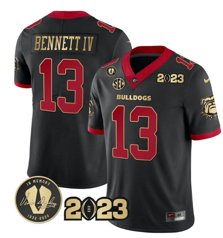 Stetson Bennett Jersey #13 Georgia Bulldogs Football 2023 and Vince Dooley Patch Black Gold Trim All Stitched