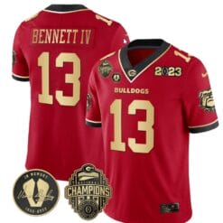 Stetson Bennett Jersey #13 Georgia Bulldogs Football 2023 Champions and Vince Dooley Patch Red Gold All Stitched