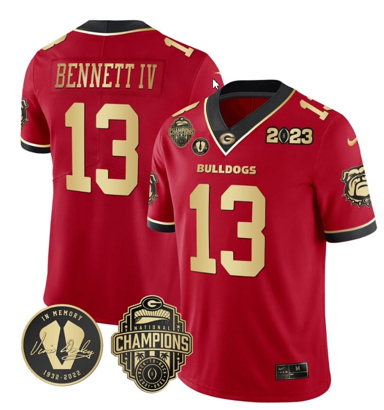 Stetson Bennett Jersey #13 Georgia Bulldogs Football 2023 Champions and Vince Dooley Patch Red Gold All Stitched