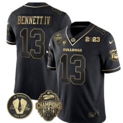 Stetson Bennett Jersey #13 Georgia Bulldogs Football 2023 Champions and Vince Dooley Patch Black Gold All Stitched