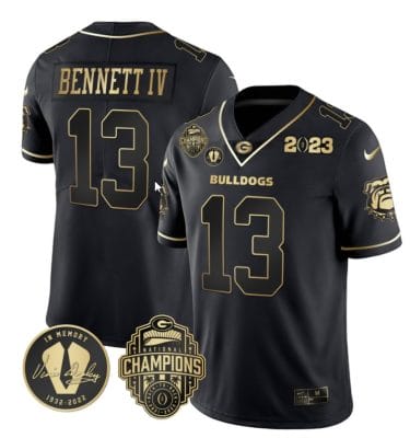 Stetson Bennett Jersey #13 Georgia Bulldogs Football 2023 Champions and Vince Dooley Patch Black Gold All Stitched