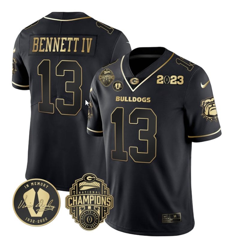 Stetson Bennett Jersey #13 Georgia Bulldogs Football 2023 Champions and Vince Dooley Patch Black Gold All Stitched