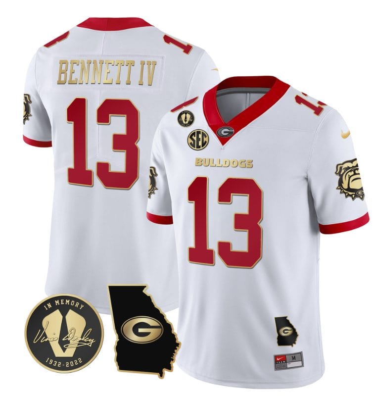 Stetson Bennett Jersey #13 Georgia Bulldogs Football Vince Dooley Patch Georgia Map White Gold Trim All Stitched