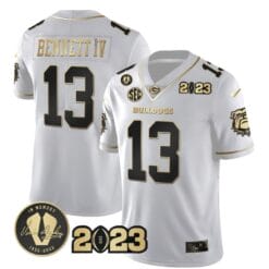 Stetson Bennett Jersey #13 Georgia Bulldogs Football White Gold All Stitched