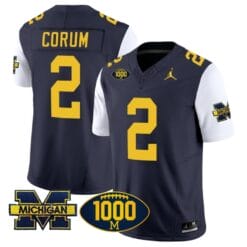 Blake Corum Jersey #2 Michigan Wolverines 1000 Wins Patch Vapor Limited Football White Sleeves