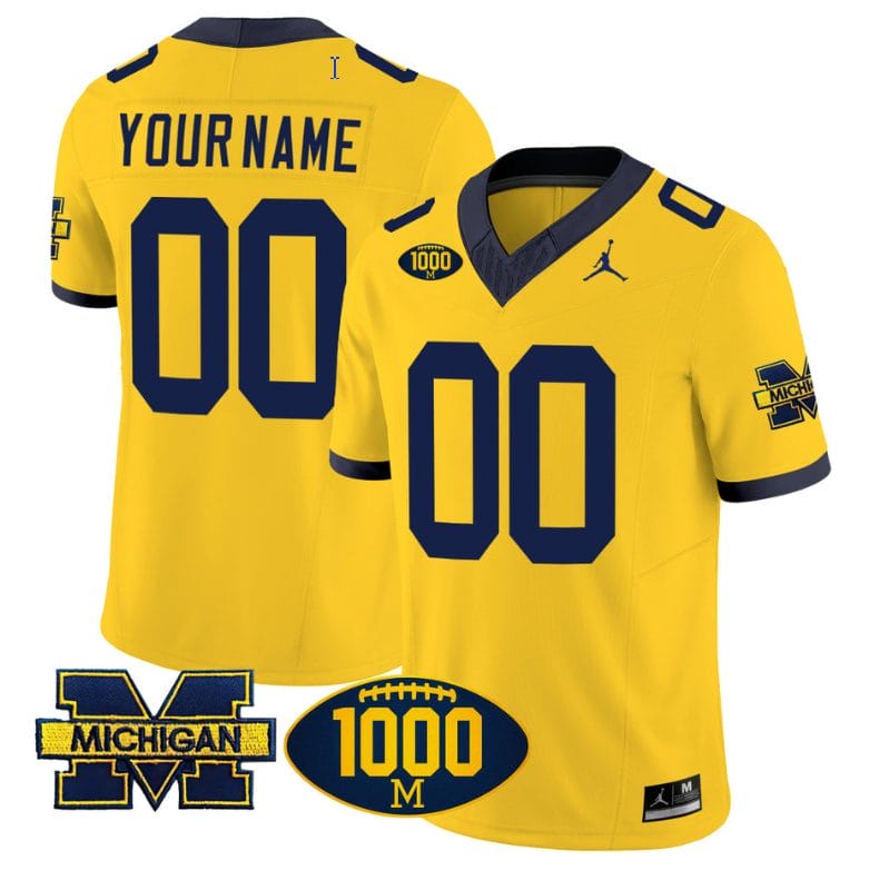 Custom Michigan Wolverines Jersey Name and Number 1000 Wins Patch Vapor College Football Maize
