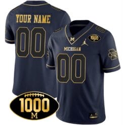 Custom Michigan Wolverines Jersey Name and Number 1000 Wins Patch Football All Stitched Navy Gold