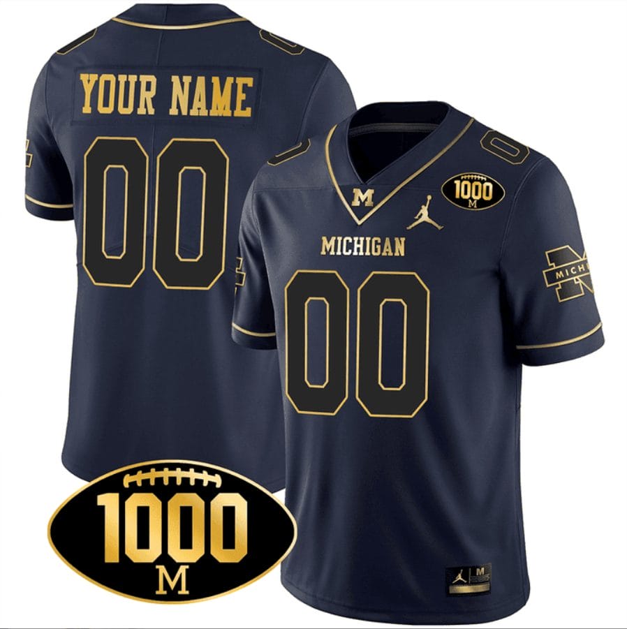 Custom Michigan Wolverines Jersey Name and Number 1000 Wins Patch Football All Stitched Navy Gold