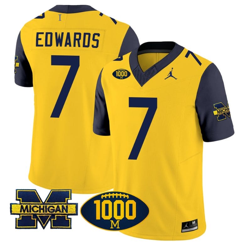 Donovan Edwards Jersey #7 Michigan Wolverines 1000 Wins Patch Vapor Limited Football Navy Sleeves