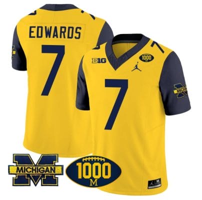 Donovan Edwards Jersey #7 Michigan Wolverines 1000 Wins Patch Vapor College Football Navy Sleeves