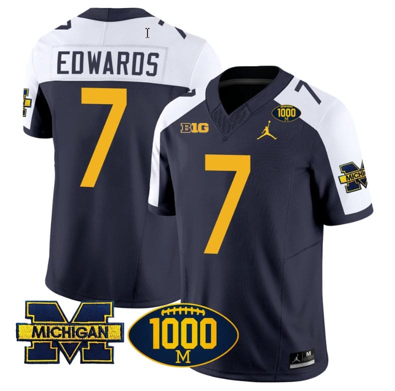 Donovan Edwards Jersey #7 Michigan Wolverines 1000 Wins Patch Vapor College Football Navy Alternate