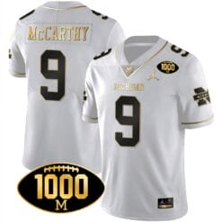 JJ McCarthy Jersey #9 Michigan Wolverines 1000 Wins Patch Football All Stitched White Gold