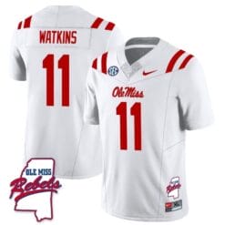 Jordan Watkins Jersey #11 Ole Miss Rebels Football Ole Map All Stitched White